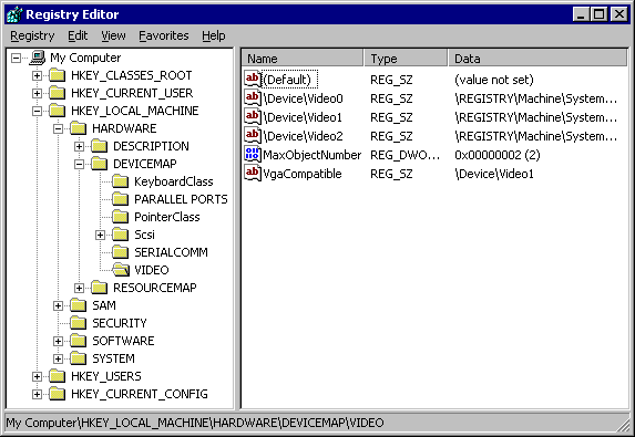 The Windows Registry Editor, showing a tree of keys and values